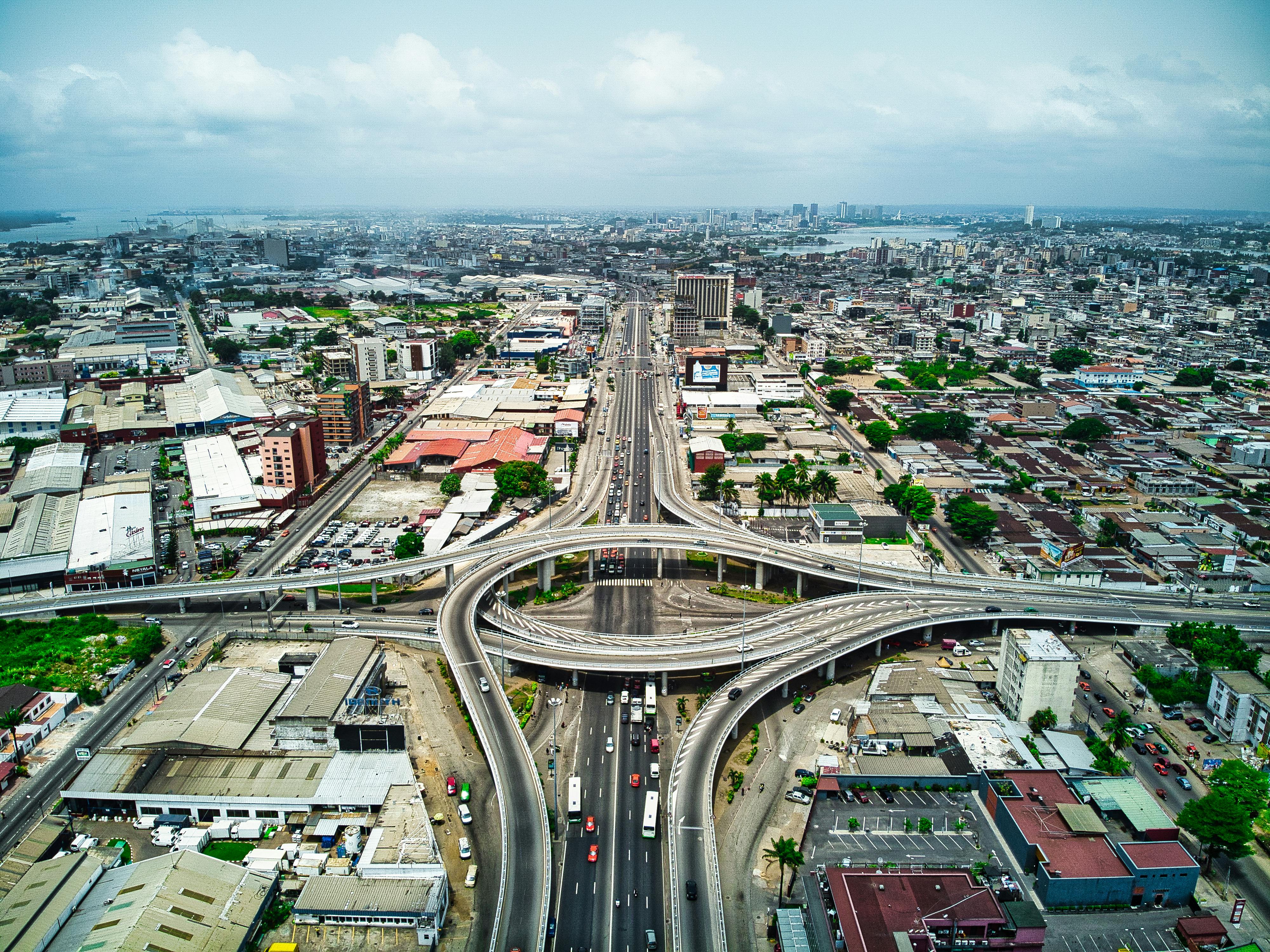 Aerial view of African landscape and city — showing scale of West African territory