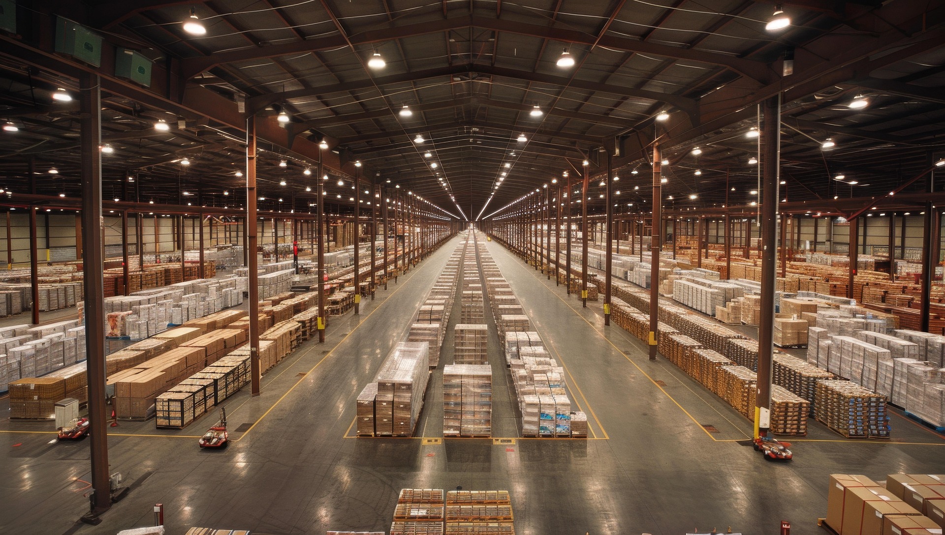 Modern warehouse interior — high bay racking, organised pallets, forklift operations in a large logistics facility